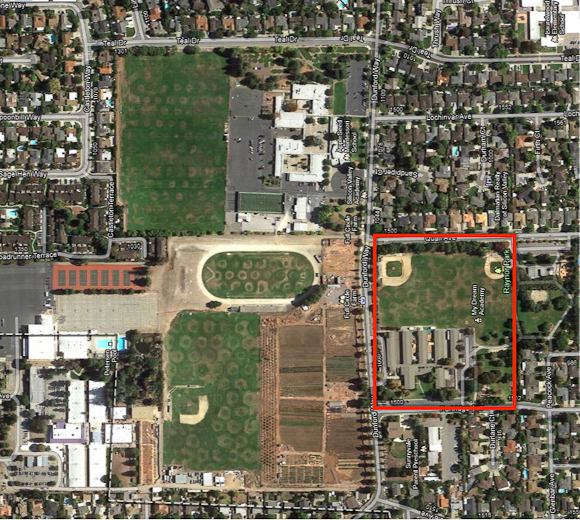 Raynor School in the red box. Many school sites are nearby. This is close to Lawrence and El Camino.
