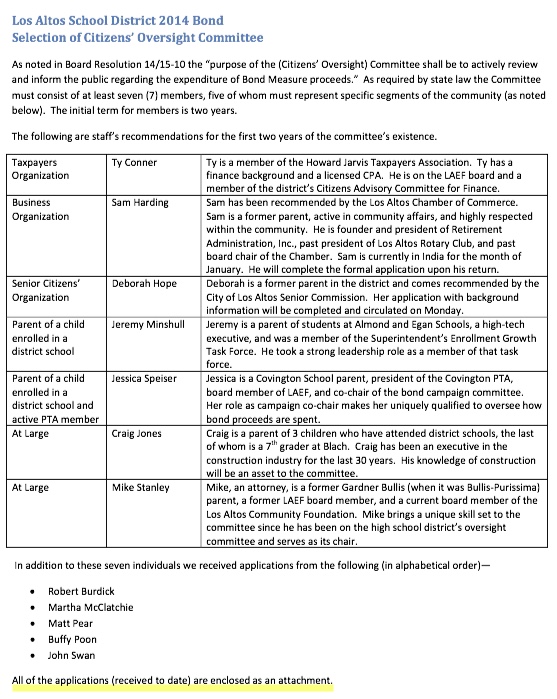 LASD Staff picks for the 7 seats of the Measure N Citizens Oversight Committee (COC)