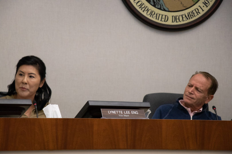 Council member Lynette Lee Eng receives a puzzled look from Mayor Jean Mordo, City of Los Altos, Save Our Parks Intiative